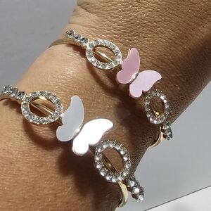 Pink/White Pearl Butterfly Cuff‎ Bracelet Gold Tone  Rhinestone  2 For 6 New